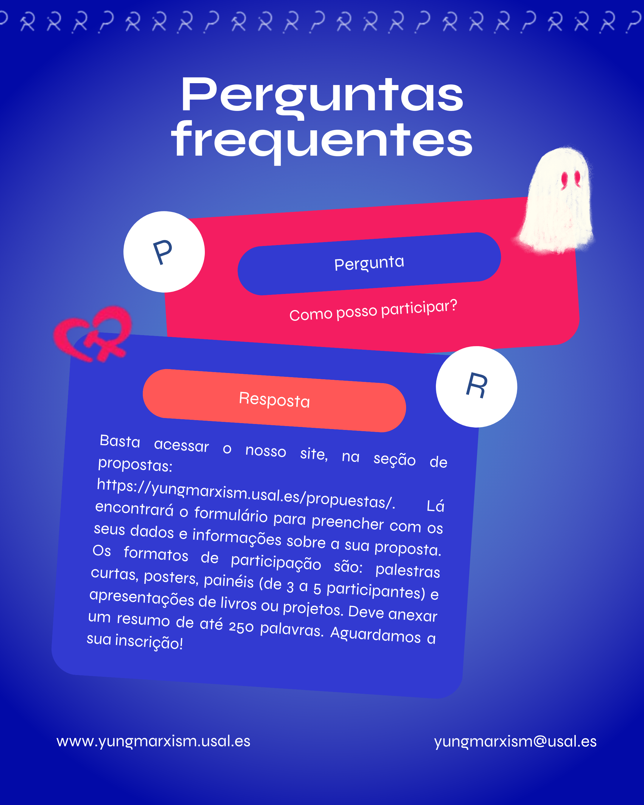 Como posso participar? Basta acessar o nosso site, na seção de propostas: https://yungmarxism.usal.es/propuestas/. Lá encontrará o formulário para preencher com os seus dados e informações sobre a sua proposta. Os formatos de participação são: palestras curtas, posters, painéis (de 3 a 5 participantes) e apresentações de livros ou projetos. Deve anexar um resumo de até 250 palavras. Aguardamos a sua inscrição!